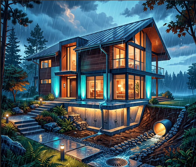 Modern home with downspout drainage system in rain